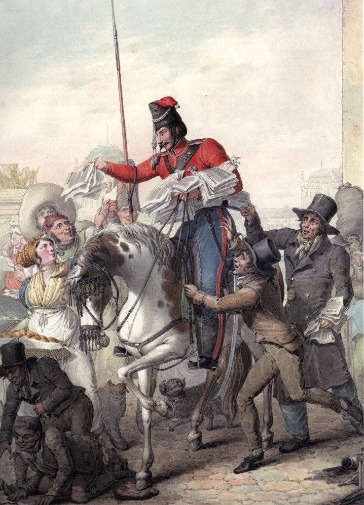 Казак раздаёт парижанам напечатанную декларацию Александра I.  Г. Э. Опиц. 1814 год